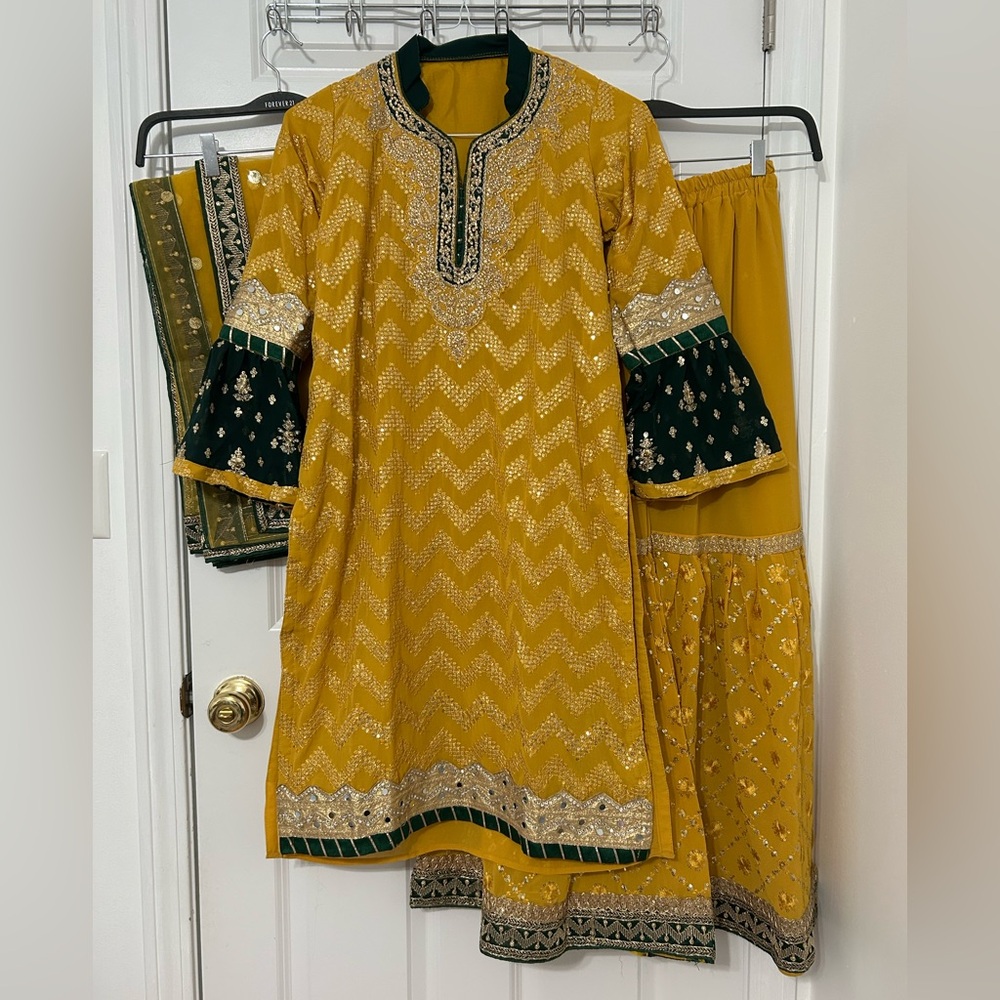 Indian/ Pakistani 3 piece stitched mustard / green gharara